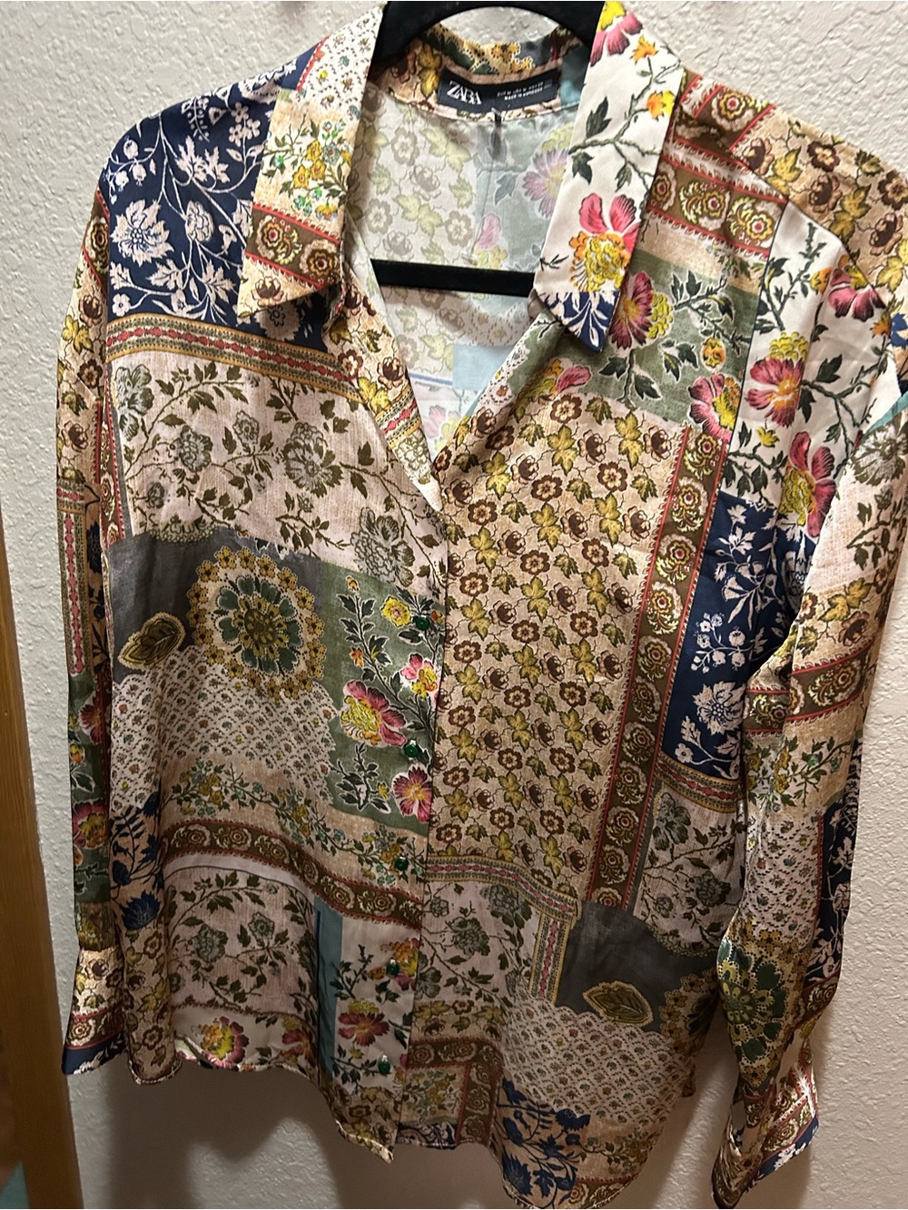 Zara Multicolor Floral Patchwork Button-Up Blouse
